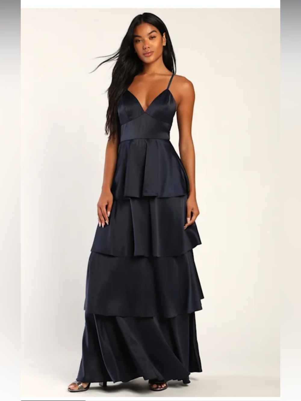NWT Lulu's navy Tiered Satin Maxi Dress